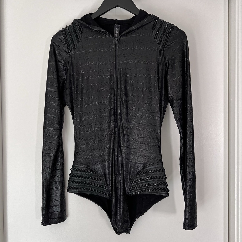 L.A. Roxx S/M Bodysuit Faux Black Leather Spike Studs Zip Up Hood Long Sleeve